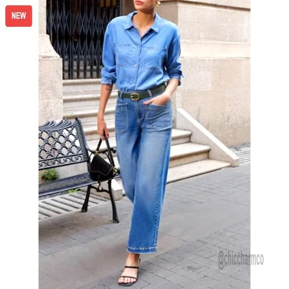 High Waisted Wide Leg Jeans Stretchy Straight Leg Ankle Denim Pants